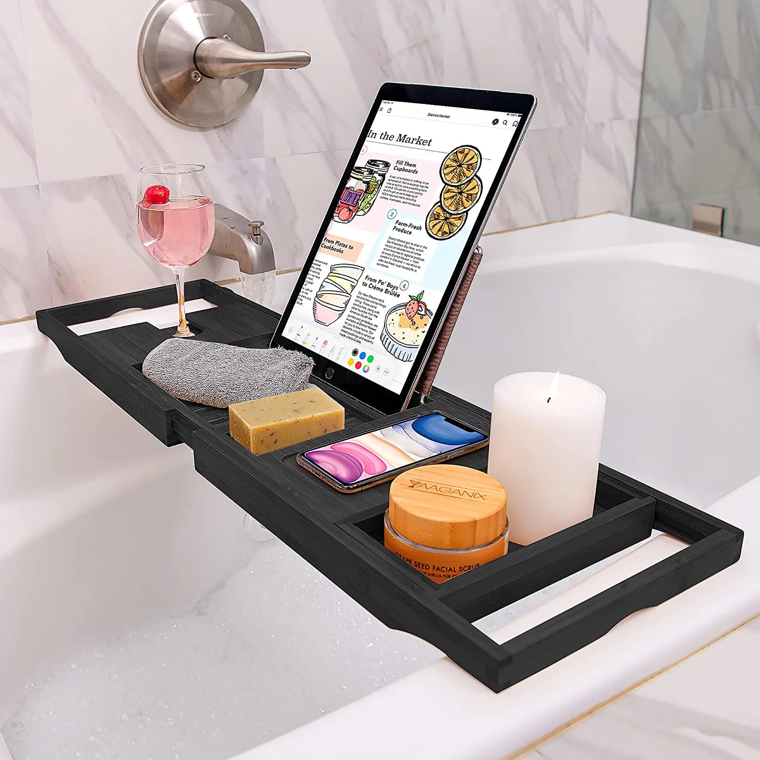 Bamboo Bathtub Tray Expandable Caddy with Tablet Holder (Black) K8281