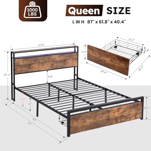 Queen Size Bed Frame with 4 Storage Drawers, LED, Charging Station, Gray L1115