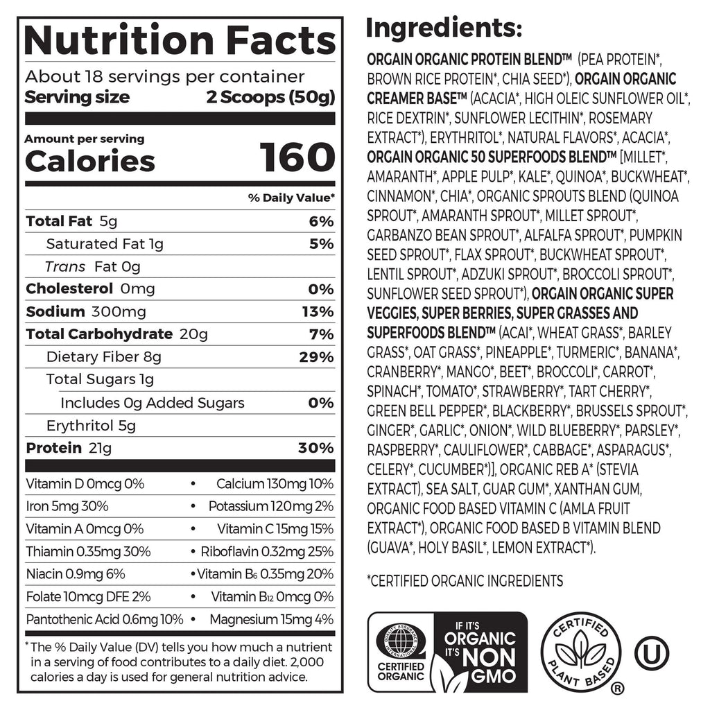 Orgain Organic Plant Based Protein + Superfoods Powder, Vanilla Bean, 2.02 lb P4374