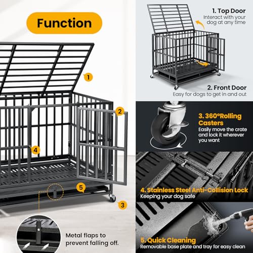 Oranland 48 inch Heavy Duty Dog Crate for Large Dogs, Double Door with Wheels J273901