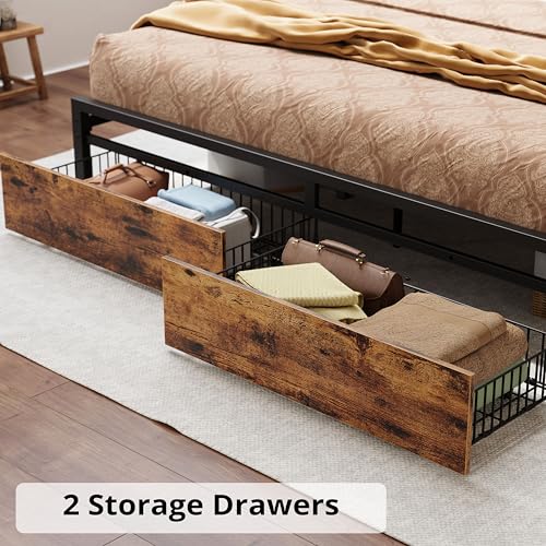 LIKIMIO King Bed Frame with Storage Headboard and Charging Station, Vintage Brown X317