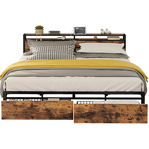 LIKIMIO King Bed Frame with Storage Headboard and Charging Station, Vintage Brown X317