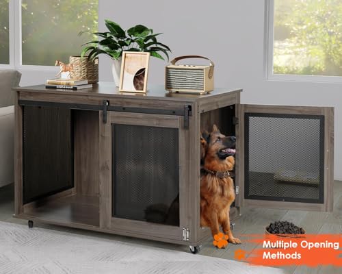 LINLUX 47 Inch XL Wooden Dog Crate Furniture with Sliding Doors and Wheels V980