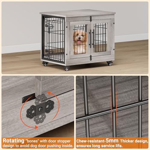 Lulive Dog Crate Furniture for Medium Dogs, 32" Wooden Kennel with Cushion & Wheels, Grey D230281