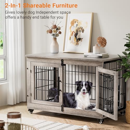 Lulive Dog Crate Furniture for Medium Dogs, 32" Wooden Kennel with Cushion & Wheels, Grey D230281