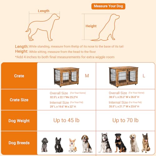Lulive Dog Crate Furniture for Medium Dogs, 32" Wooden Kennel with Cushion & Wheels, Grey D230281