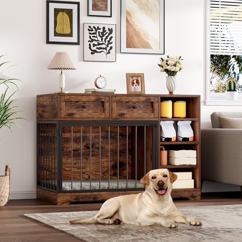 IDEALHOUSE 47" Large Dog Crate Furniture with 2 Drawers, Wooden Kennel for Medium Large Dogs, Black W8906