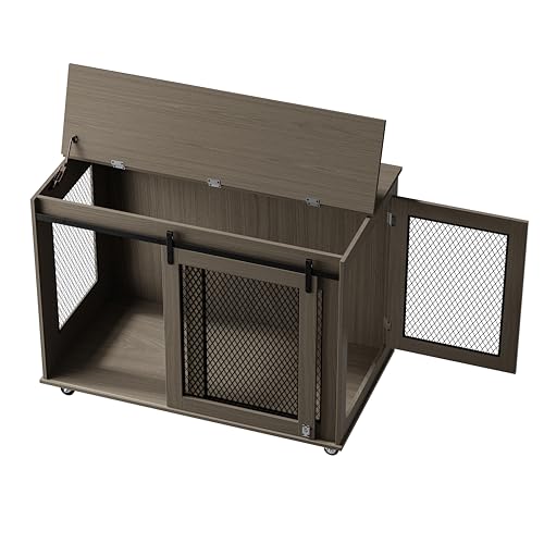 LINLUX 47 Inch XL Wooden Dog Crate Furniture with Sliding Doors and Wheels V980