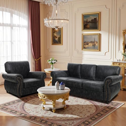 Mid-Century 3-Seater Sofa with Rivet Design, Removable Cover and Solid Wood Frame I150