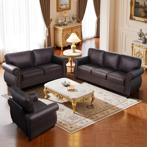 Mid-Century 3-Seater Sofa with Rivet Design, Removable Cover and Solid Wood Frame I150
