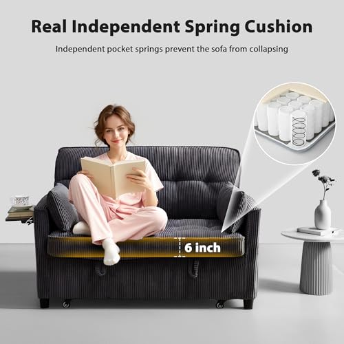 Corduroy Sleeper Sofa Bed with USB Port and Side Pockets, Beige I998