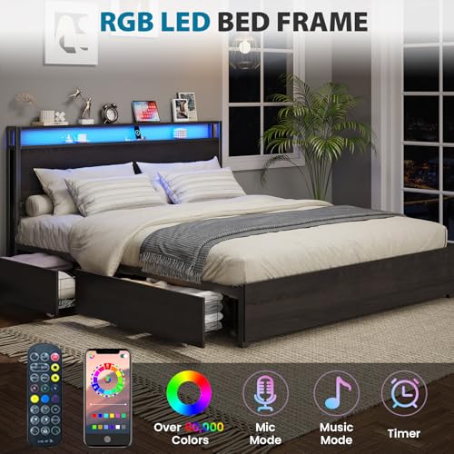 Full Size Bed Frame with Headboard, LED Lights, 4 Storage Drawers, Charging Station, Black C93321