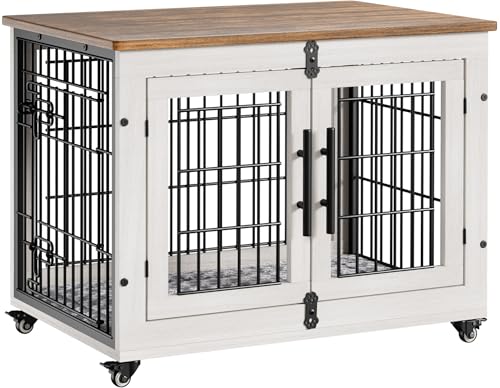 Lulive Dog Crate Furniture for Medium Dogs, 32" Wooden Kennel with Cushion & Wheels, Grey D230281