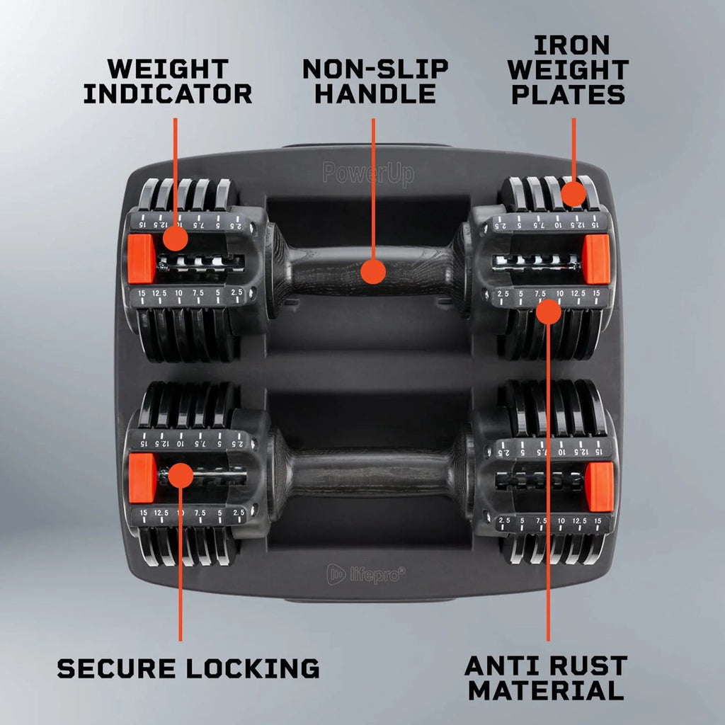 Lifepro PowerUp 15 lb Adjustable Dumbbells Set for Home Gym A725797