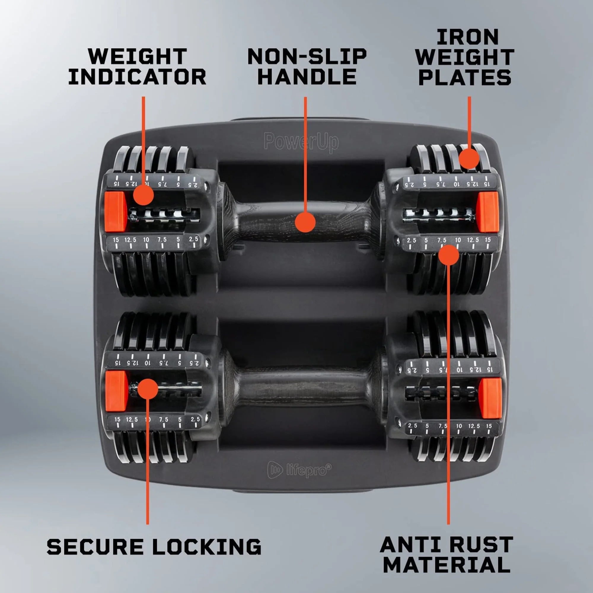 Lifepro PowerUp 15 lb Adjustable Dumbbells Set for Home Gym A725797