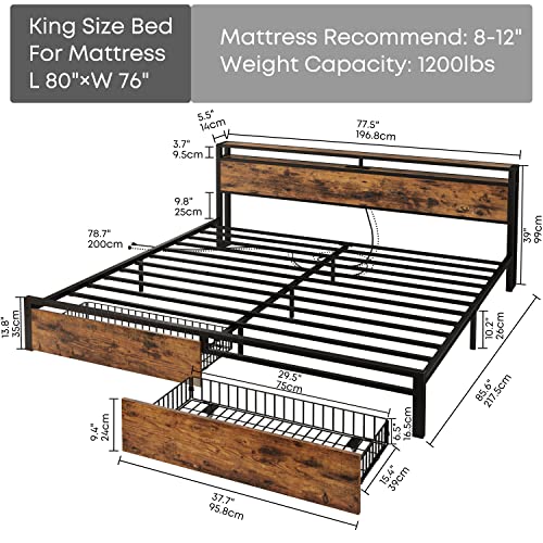 LIKIMIO King Bed Frame with Storage Headboard and Charging Station, Vintage Brown X317