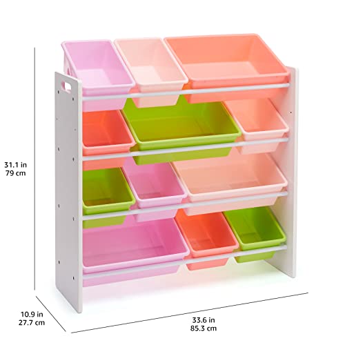 Amazon Basics Kids Toy Storage Organizer with 12 Plastic Bins, White and Pink E133327