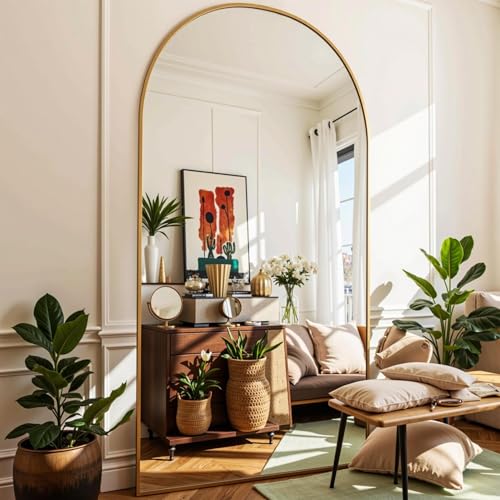 78" Oversized Arched Floor Mirror with Stand, Aluminum Frame, Black N18643
