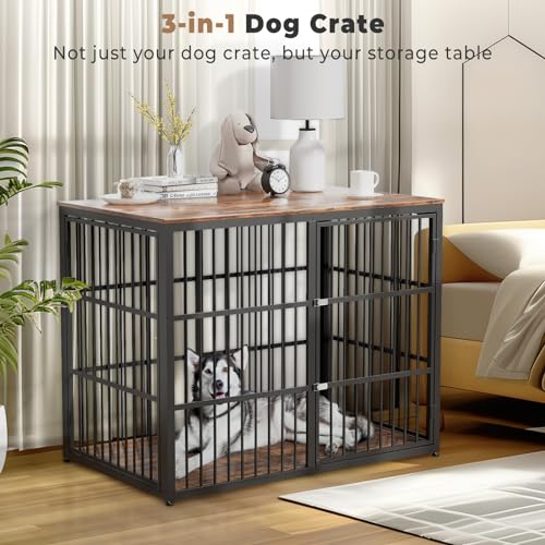 43'' Dog Crate Furniture with 3 Doors, XL Wooden End Table for Medium to Large Dogs M2208