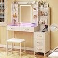 Vanity Desk with Mirror and LED Lights, 43" Makeup Vanity with Glass Top & Wireless Charging, Vanity with RGB Drawers, 3 Colors Light, Power Outlet Safety Switch for Bedroom, White