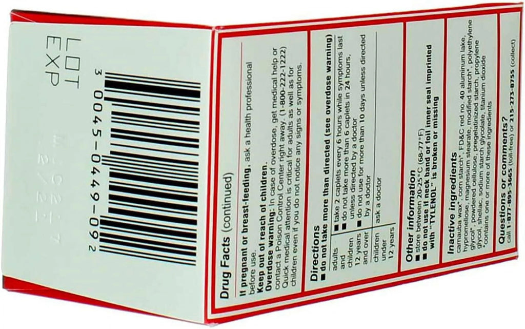 Tylenol Extra Strength Caplets, 500 mg Acetaminophen, 100 Ct T12507