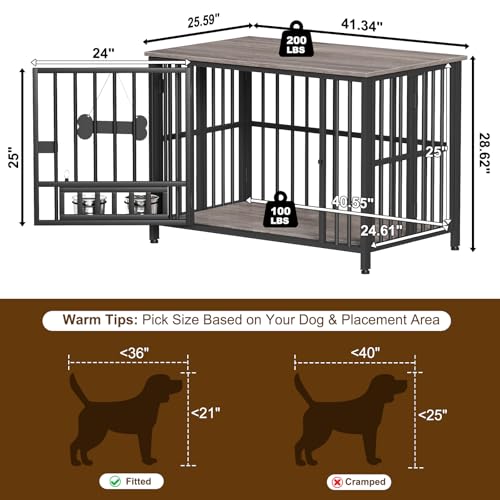 Easycom 41" Foldable Dog Crate Furniture with Adjustable Bowls, Rustic Brown M74490