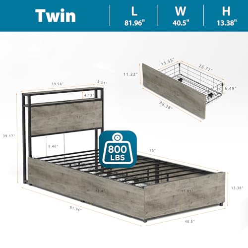Queen Size Bed Frame with 4 Storage Drawers, LED, Charging Station, Gray L1115