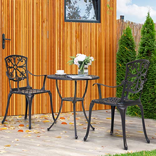 NUU GARDEN 3 Piece Cast Aluminum Bistro Set with Umbrella Hole, Black N80118