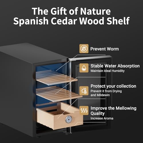 KingChii 16L Electric Cigar Humidor Cabinet with Temperature Control and Spanish Cedar Shelves H300