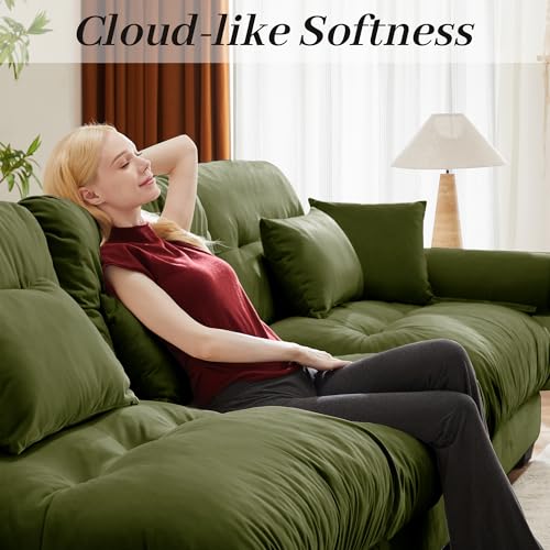 130" Modular Sectional Sofa with Movable Ottoman, Velvet Upholstered, Green Y4976