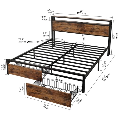 LIKIMIO King Bed Frame with Storage Headboard and Charging Station, Vintage Brown X317