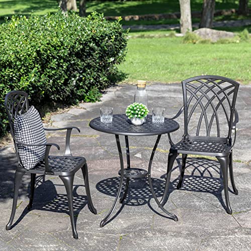 NUU GARDEN 3 Piece Cast Aluminum Bistro Set with Umbrella Hole, Black N80118