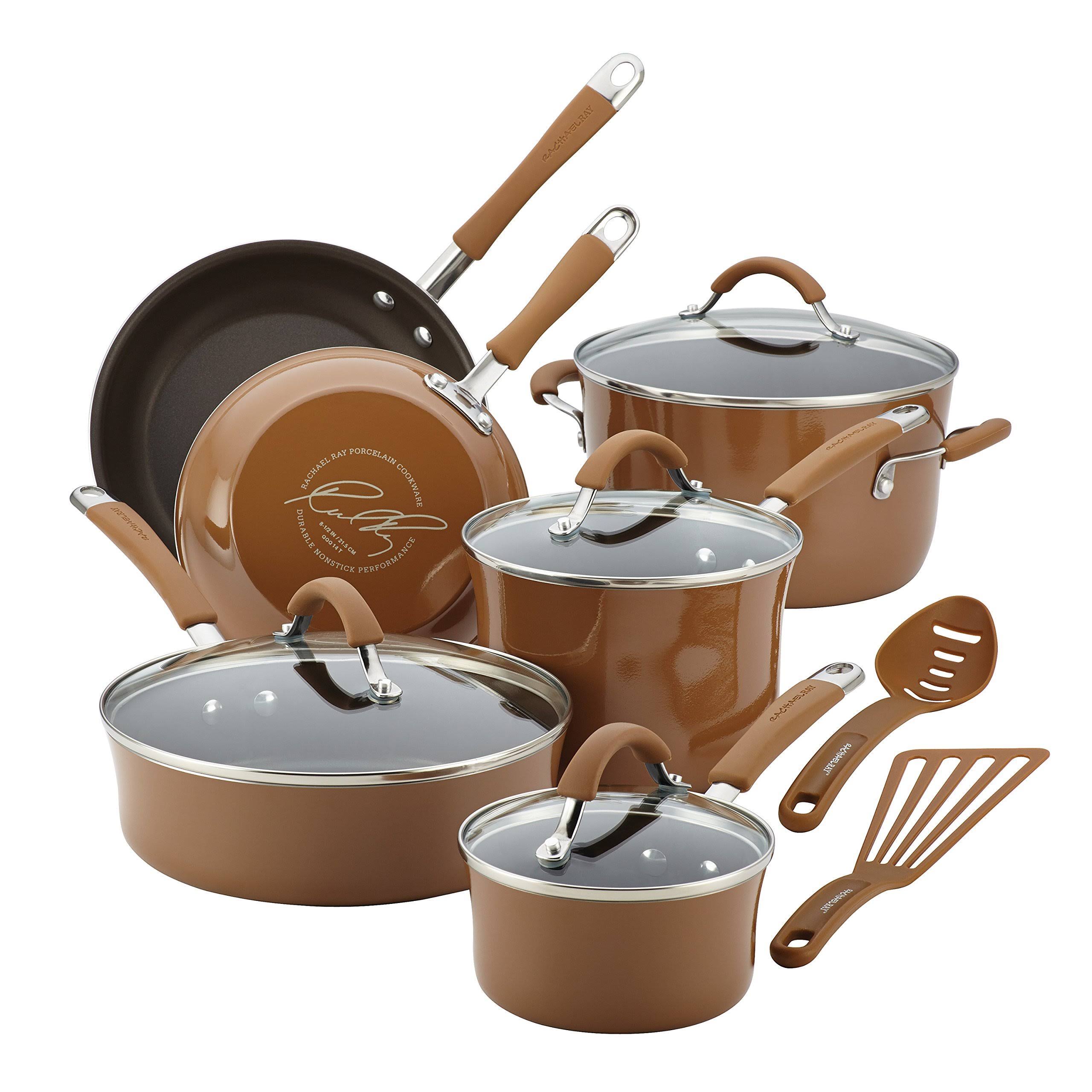 Rachael Ray Cucina 12-Piece Aluminum Nonstick Cookware Set in Mushroom Brown - Megean