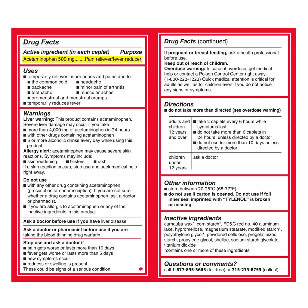 Tylenol Extra Strength Caplets, 500 mg Acetaminophen, 100 Ct T12507