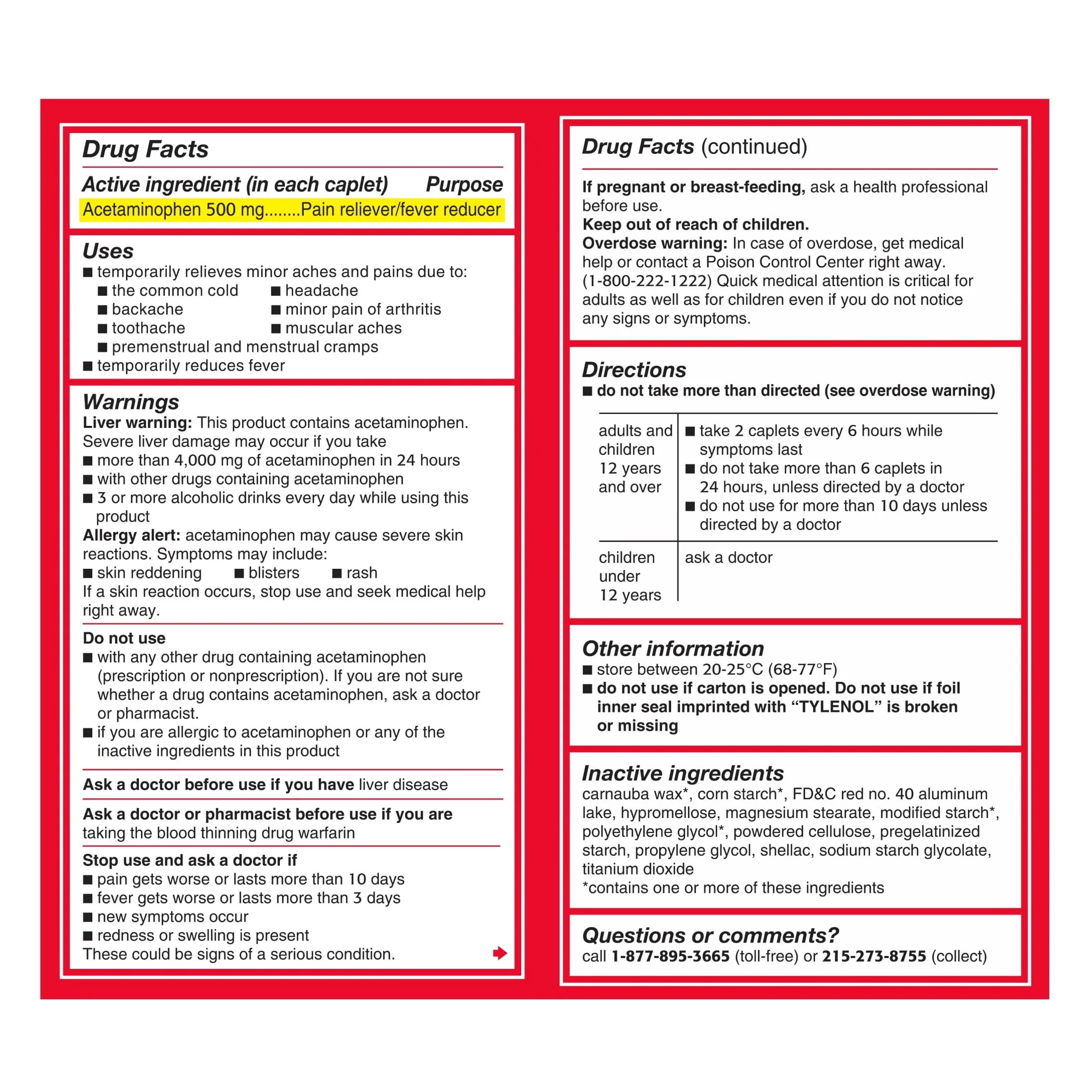 Tylenol Extra Strength Caplets, 500 mg Acetaminophen, 100 Ct T12507