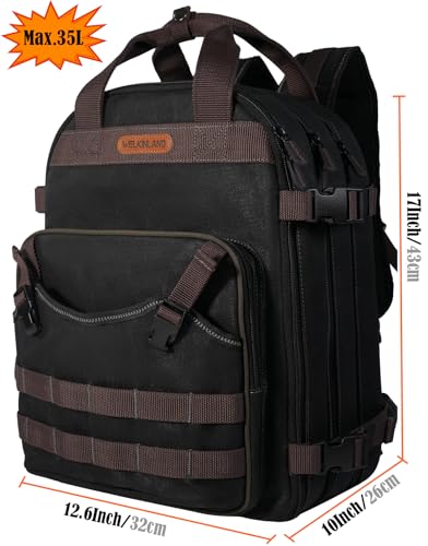 WELKINLAND 90-Pocket Electrician Backpack, Black Wax-Canvas Tool Bag, 28L V29684
