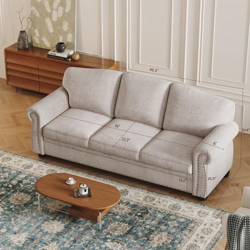 90 Inch Nailhead Trim Chenille Sofa for Living Room, Beige L968714