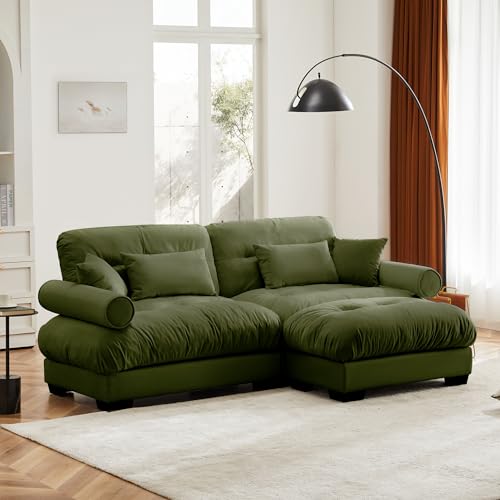 130" Modular Sectional Sofa with Movable Ottoman, Velvet Upholstered, Green Y4976