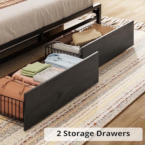 LIKIMIO King Bed Frame with Storage Headboard and Charging Station, Vintage Brown X317