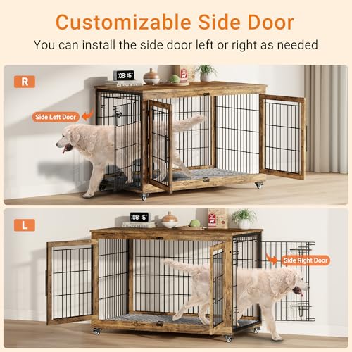 Lulive Dog Crate Furniture for Medium Dogs, 32" Wooden Kennel with Cushion & Wheels, Grey D230281