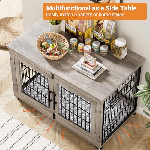 Lulive Dog Crate Furniture for Medium Dogs, 32" Wooden Kennel with Cushion & Wheels, Grey D230281