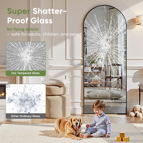 78" Oversized Arched Floor Mirror with Stand, Aluminum Frame, Black N18643