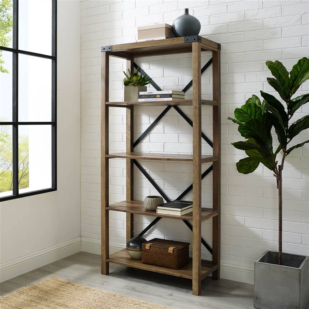 Walker Edison 64x22 Farmhouse Metal Bookcase Rustic Oak Z58533