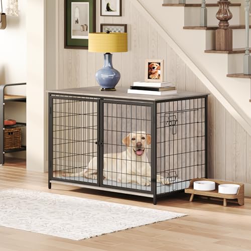Wooden Dog Crate Furniture with Cushion, Double Doors, Greige X29262