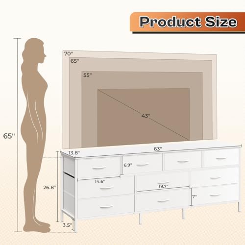 Huuger 63 Inch Dresser with 10 Fabric Drawers, Rustic Brown M836