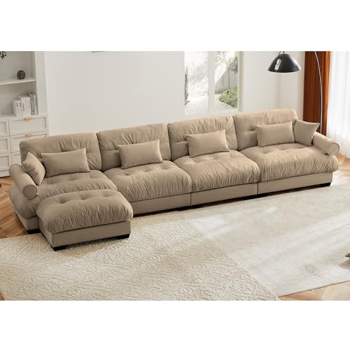 130" Modular Sectional Sofa with Movable Ottoman, Velvet Upholstered, Green Y4976