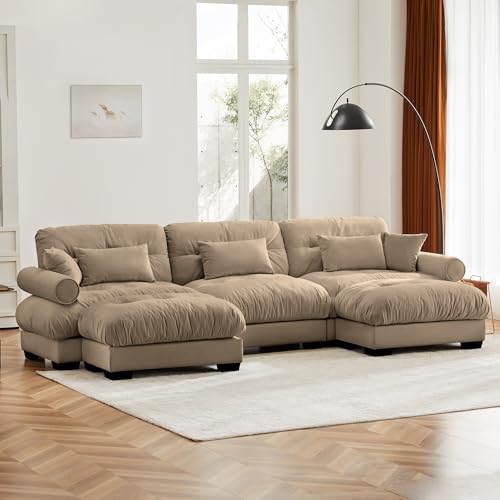 130" Modular Sectional Sofa with Movable Ottoman, Velvet Upholstered, Green Y4976