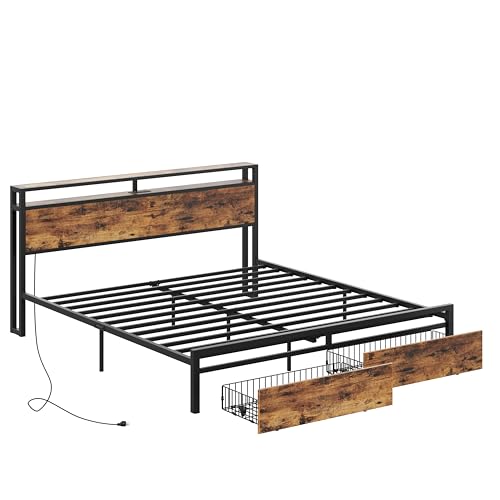 LIKIMIO King Bed Frame with Storage Headboard and Charging Station, Vintage Brown X317