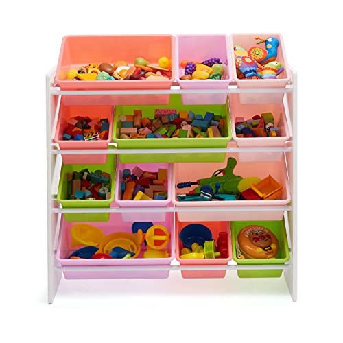 Amazon Basics Kids Toy Storage Organizer with 12 Plastic Bins, White and Pink E133327