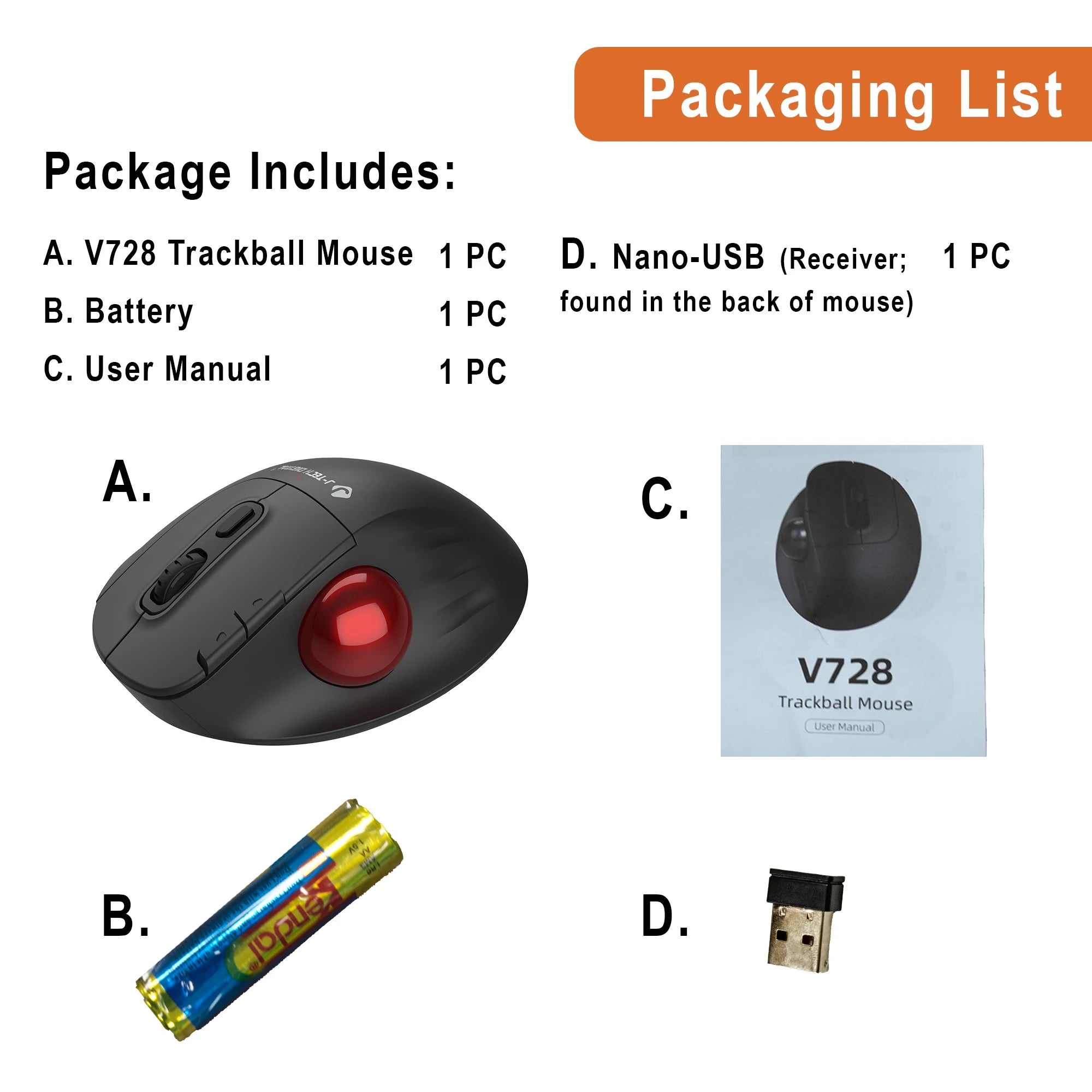 Wireless Ergonomic Trackball Mouse with Thumb Control by J-Tech Digital B856